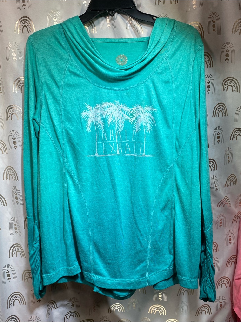 Cowl Neck Long-Sleeve Tee in Teal with Palm Graphic